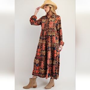Easel Printed Sophia Button Down Aztec Print Midi Dress New